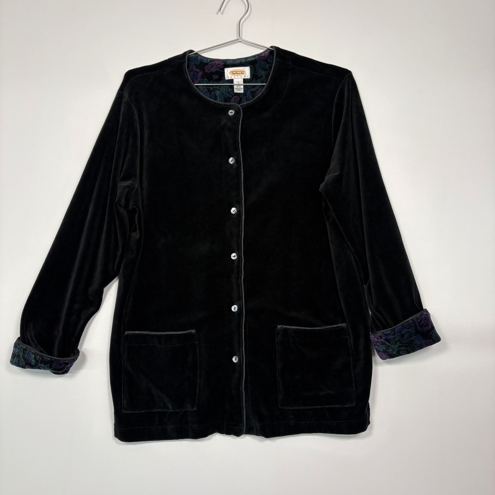 Talbots Womens Jacket Size L Petites Black Velvet‎ Floral Trim Button Front 90s